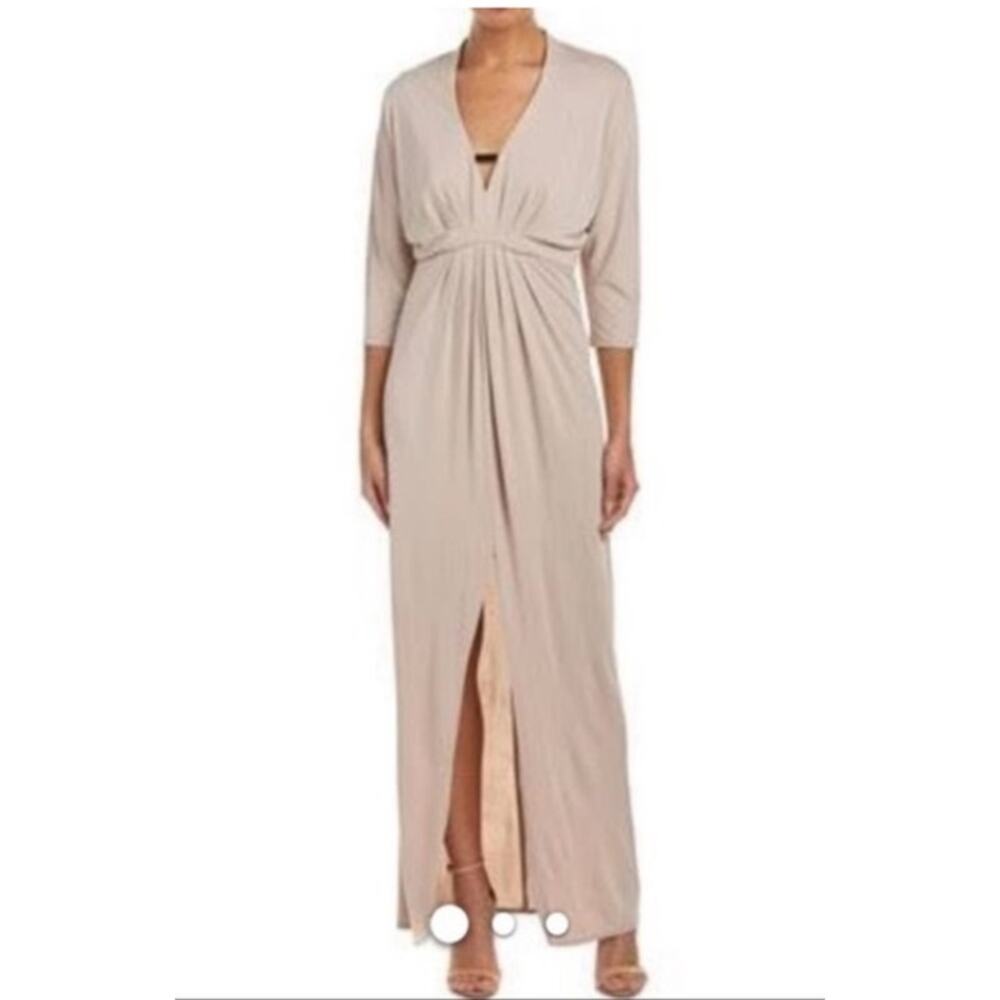 Trina Turk Beige V-Neck Maxi Dress Gown Size 12 Pleated Front Slit Wedding Guest